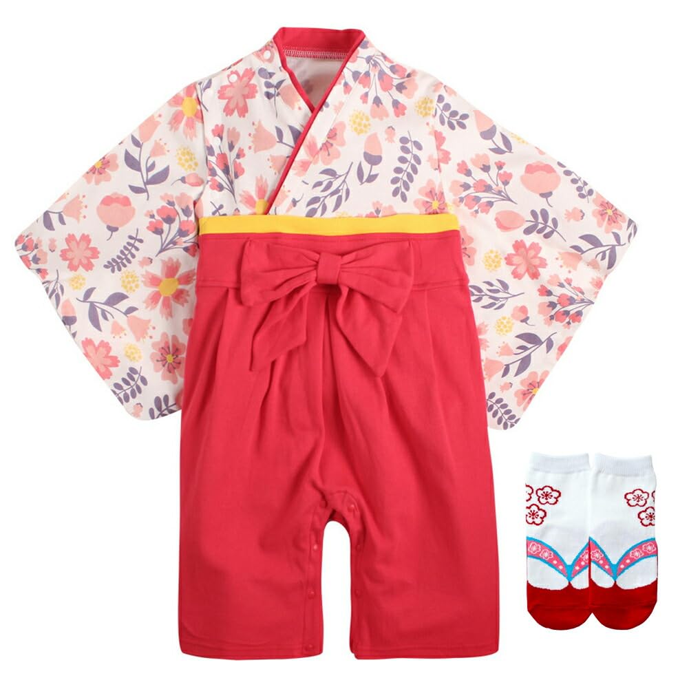 

Augelute Hakama Romper and Socks Front Baby Size Flower Rose Set, Opening, Girl, 60,