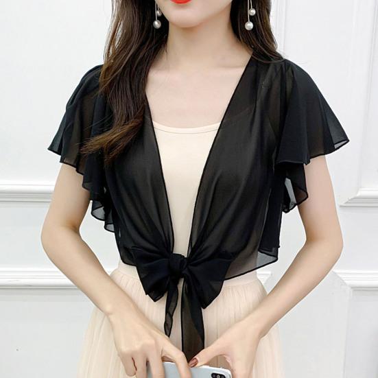Ruffle Sleeve See-Through Front Lace-up Lady Cover-Up Chiffon Short Jacket Sunscreen