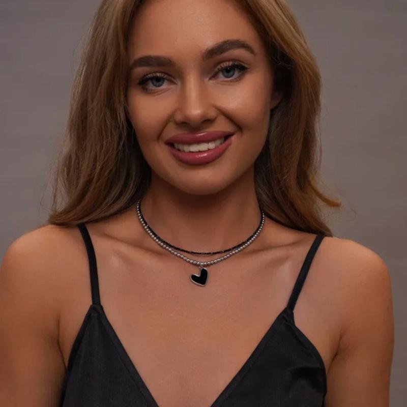 Black Heart Pearl Layered Necklace, Dainty Beaded Choker Set for Women Romantic Jewelry