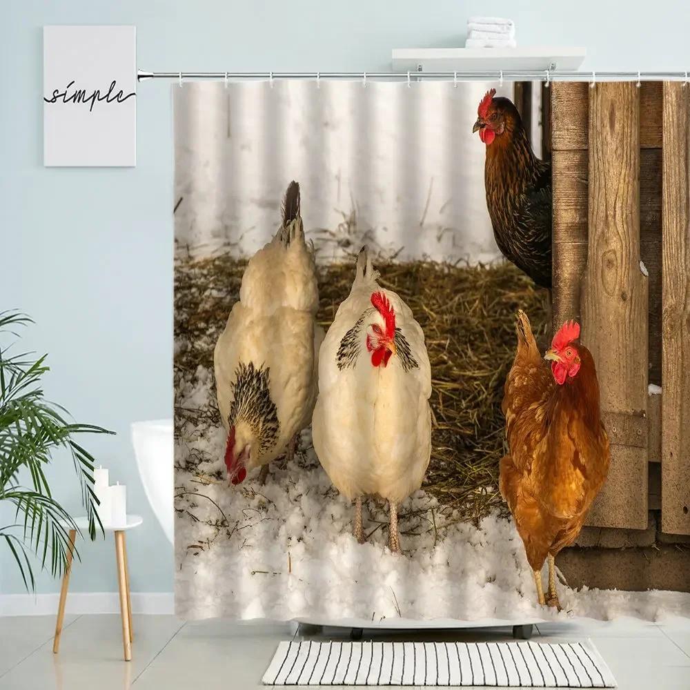 Chicken Shower Curtain Feather Poultry Animals Country Retro Old Farmhouse Barn Bathroom Wall Decor With Hooks Waterproof Screen