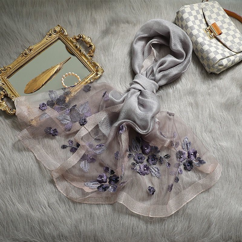 

Шелковый шарф с вышивкой в виде цветка бегонии, женский весенне-осенний вышитый платок-ципао, шелковый шарф для мам из шелка Mulberry на весну и осень-зиму серый