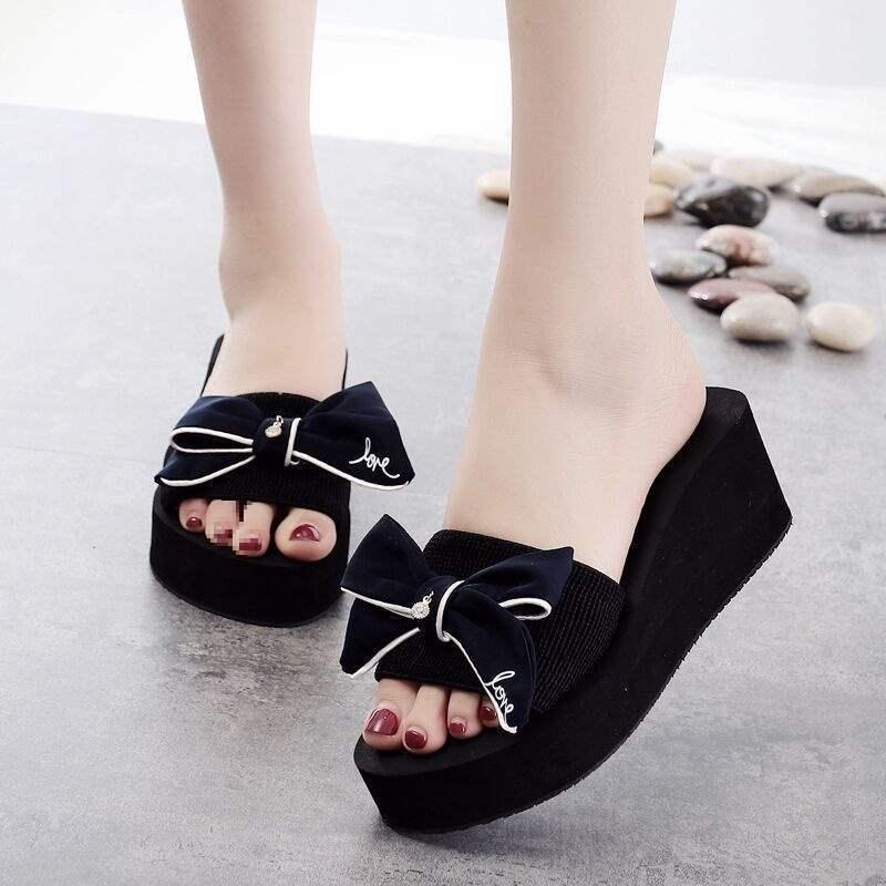 Women's Bowknot Wedge Flip-Flops: Versatile, Thick-Soled Beach Sandals for Summer Skirt Pairing and Outdoor Wear
