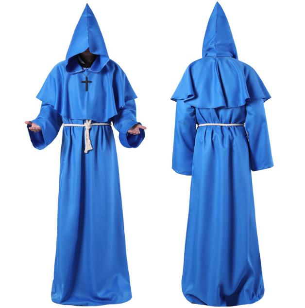 Medieval Monk Robe Monk Costume Halloween Cosplay Priest Wizard Hooded Multicolor Cape Cloak Waist Rope Cross Ornament Sets