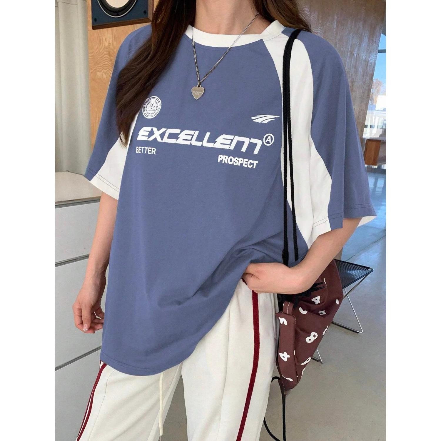 

2025 Summer Women s Letter Printed T-shirt Short Sleeve Sports Top 6XL