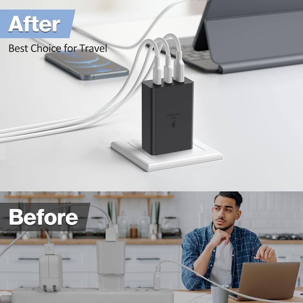 Adattatore GaN 65W Caricatore da Muro a 3 Porte per Galaxy A56 A36 A26 A16 A06 S25 S24 S23 S22 S22 Ultra/S22+/S21 Ultra/S20 Ultra/Note 20/Z Fold 3/laptop