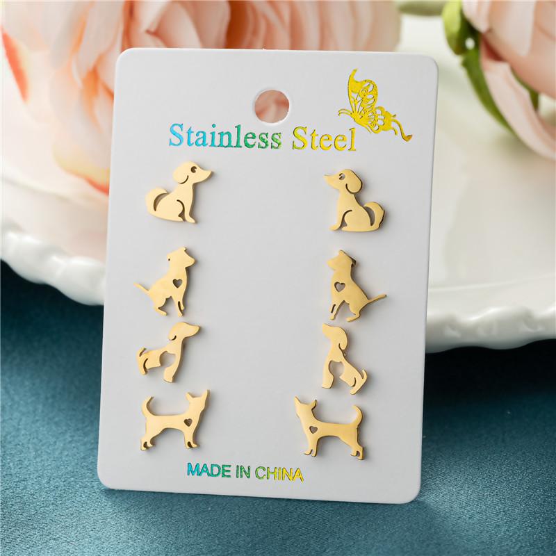 4Pairs/Lot Fashion Stainless Steel Star Moon Stud Earrings Sets for Women Small Flower Porker Dog Earings Jewelry Gift