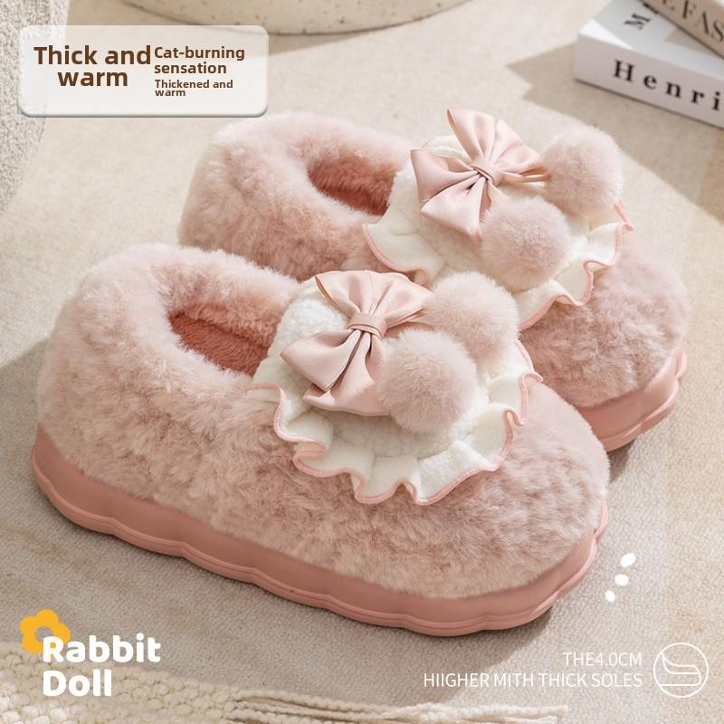 Fashion Fashion Cute Pretty Bow Women Slippers Indoor Winter Soft Sole Exquisite Warm Graceful Causal Quality Comfy Flat Cotton Slippers