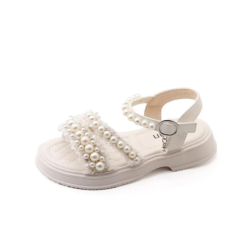 Little Kids Sweet Pearl Princess Shoes with Pearl Beading 2024 Summer New Korean Style Fashion Girl Sandals Elegant Temperament