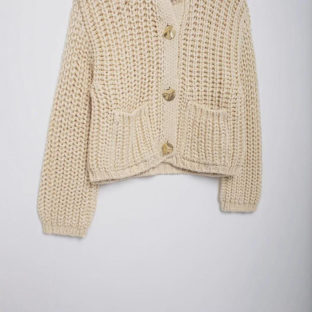 ZA Dámský svetr kardigan s kulatým výstřihem a robustní pleteninou v evropském a americkém stylu 5802113