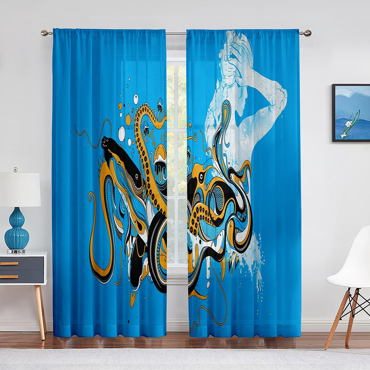 Крутые красные шторы из шифона-вуали с морским осьминогом для декора гостиной — фото 15