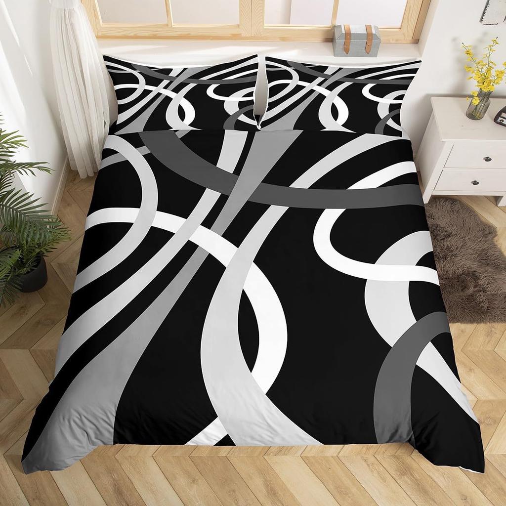 Round Geometric Bedding Set Green Gray Black Abstract Art Bedspread Comfortable Three-Piece Set