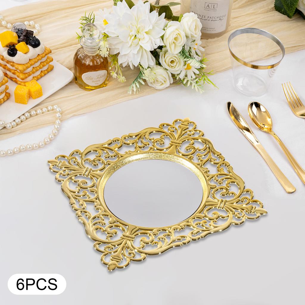 6pcs 12Inch Mirror Gold Decorative Charger Plates, Elegant Square Dinner Plates for Wedding, Party, Festive Dining Table Setting