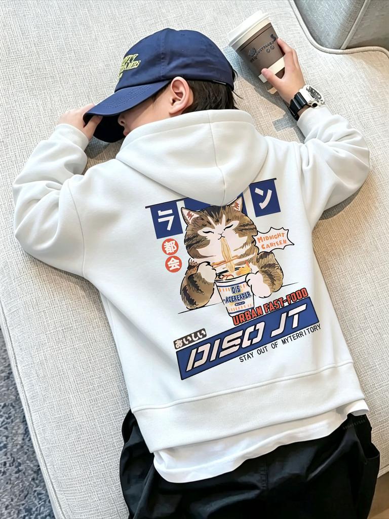 Autumn Winter Cartoon Cat Ramen Back Print Pullover Boys Girls Long Sleeve Hooded Sweatshirt Streetwear Children Warm Top