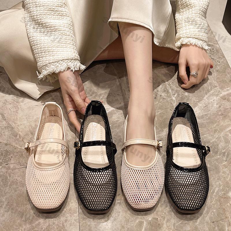 Fashion Women Shoes 2025 Summer New Breathable Mesh Buckle Strap Square Toe Mary Jane Flat Shoes Comfortable Soft Sole Women Loafers