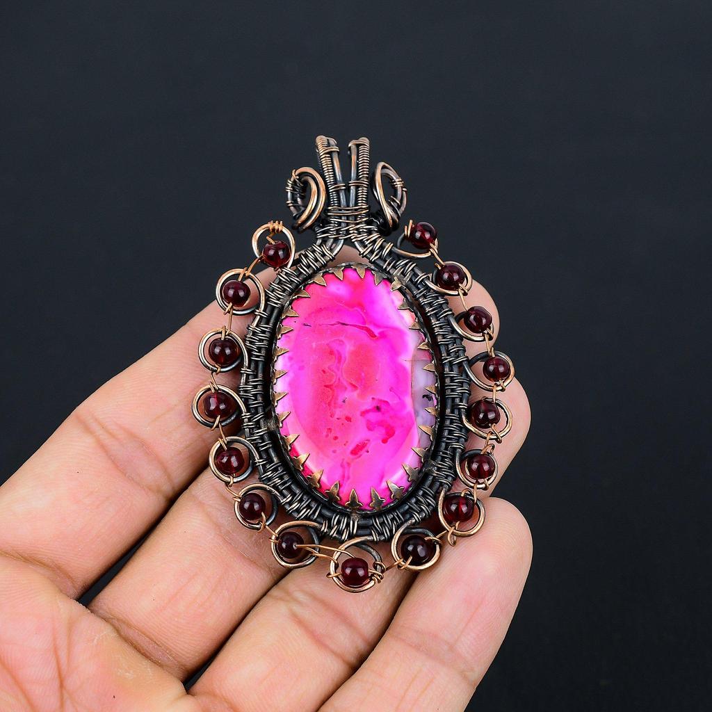 Pink Dendrite Opal Gemstone Pure Copper Wire Wrapped Handmade Pendant Jewelry