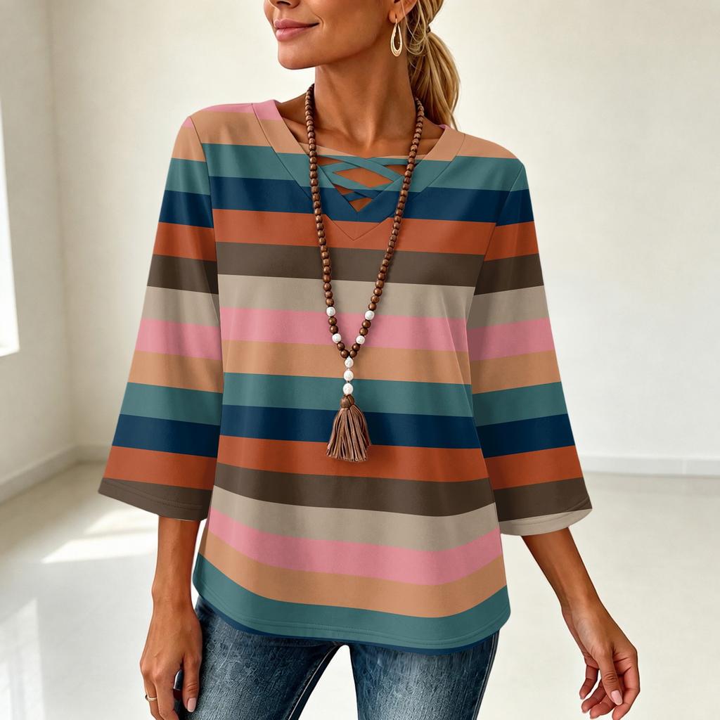 Damen V-Ausschnitt Dreiviertelarm Gestreift Locker Sitzendes T-Shirt