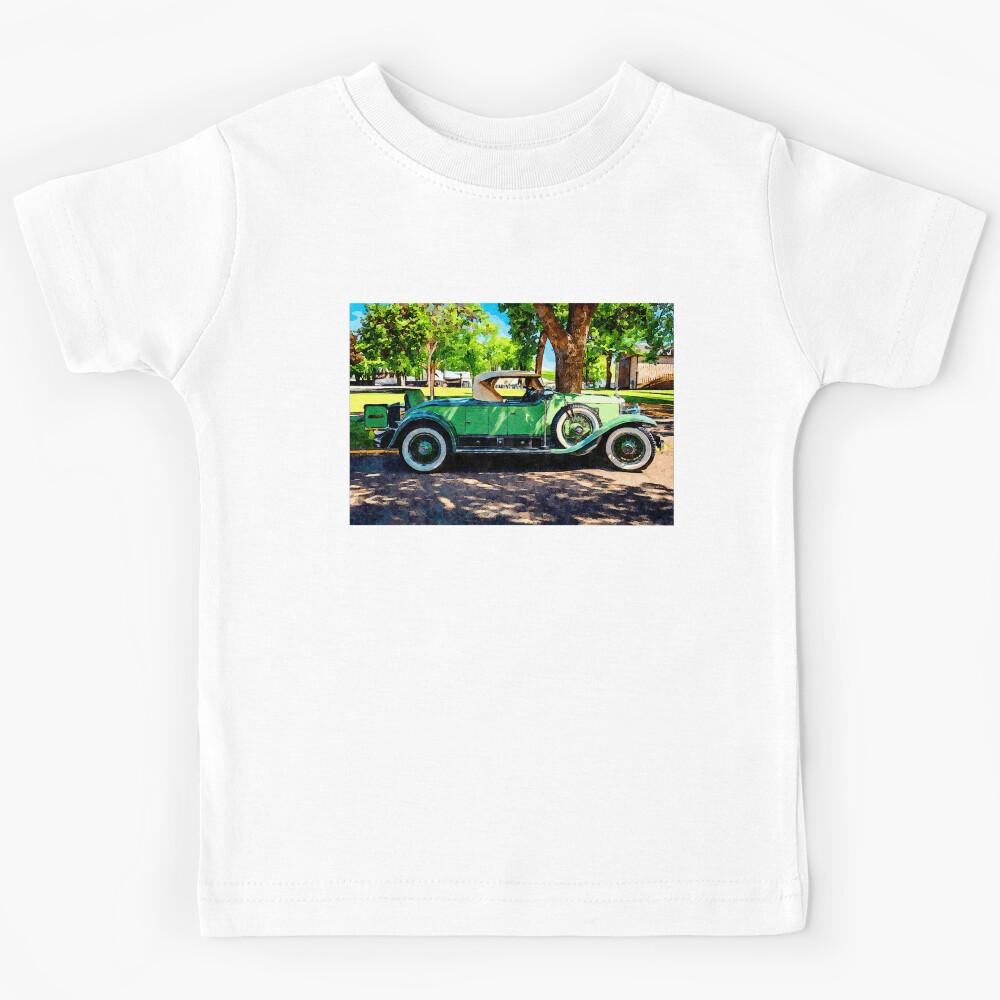 Watercolor depiction of a 1929 green Cadillac roadster in a park setting Kids T-Shirt 150