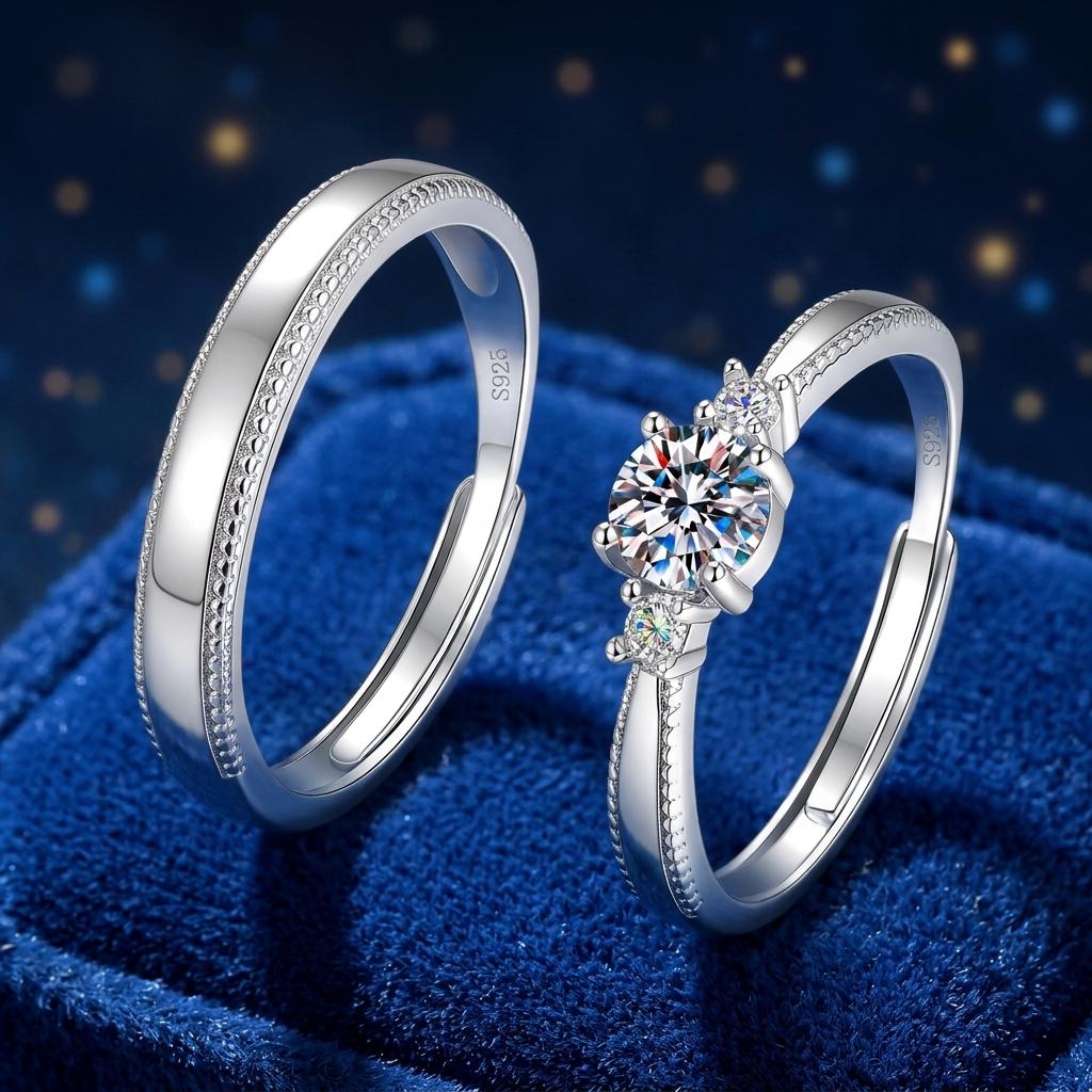 Set di anelli da coppia in argento sterling S925 con moissanite Colore D Ultra Bianco Tre pietre moissanite Anelli di fidanzamento regolabili di promessa