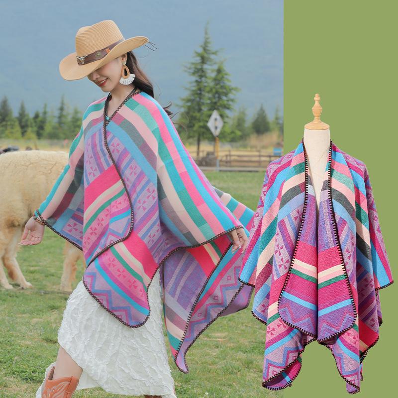 Spring Autumn New Artistic Retro Ethnic Style Waist Shawl Women's Fashion Warm Geometric Puzzle Split Scarf