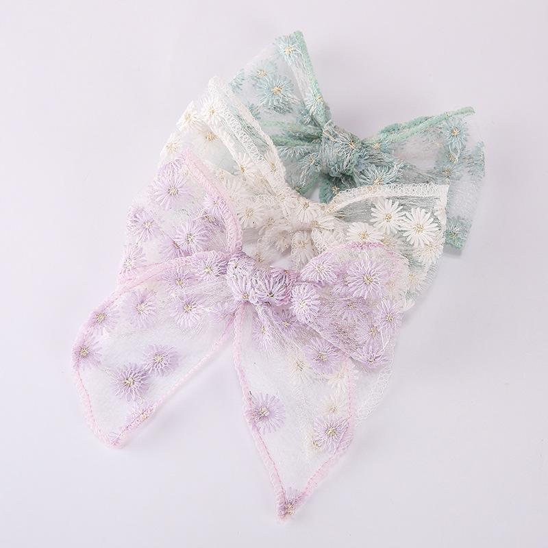 1 Piece Solid Color Elegant Ponytail Decoration Kids Flower Embroidery Lace Bow Hair Clips Hair Accessoreis For Girls