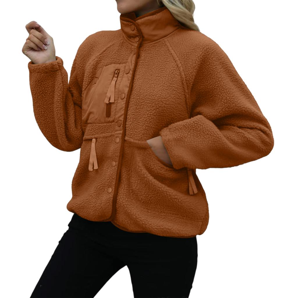 Damen Stehkragen Fleecejacke Knopfleiste Lässige Oberbekleidung Langarm Leichtes Sportliches Oberteil mit Tasche