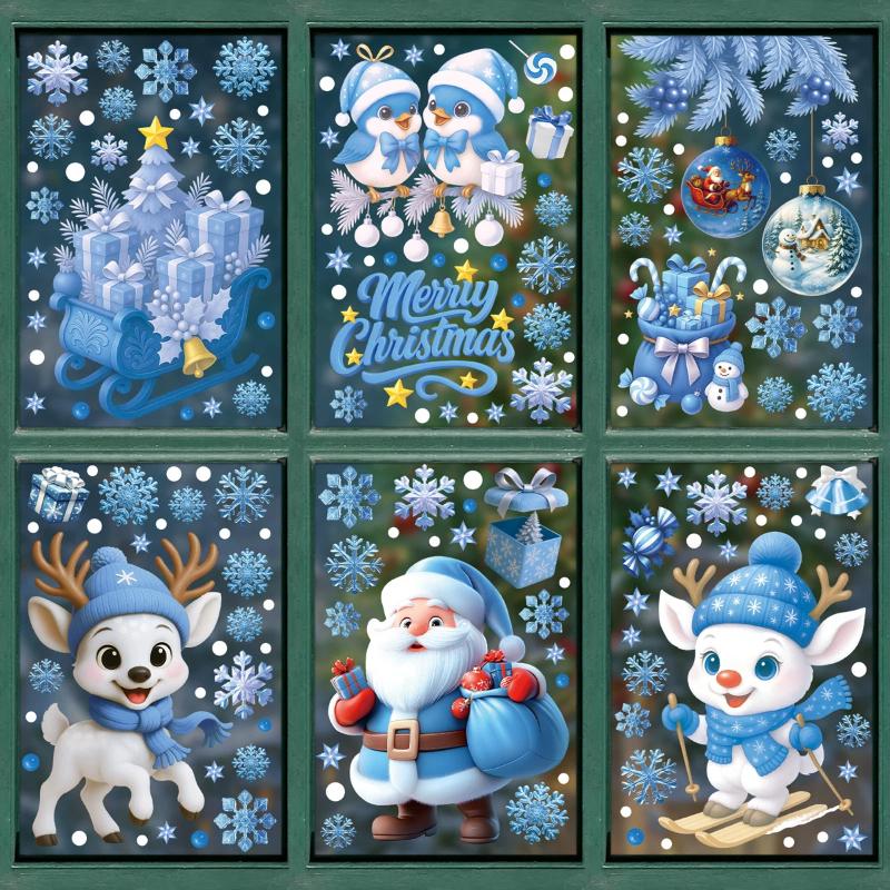 Merry Christmas Window Stickers Animation Santa Claus Snowman Snow Flake Electrostatic Glass Decals Background Decoration Stickers