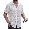 Camisa Masculina de Crochê com Renda Floral de Manga Curta e Colarinho Cubano