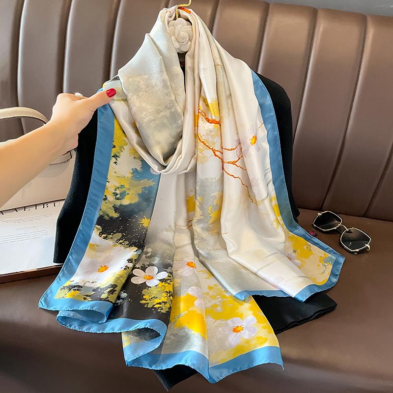 Design Satin Silk Shawl Hijab Scarf Women Fashion Summer Sunscreen Beach Stole Wraps Bufanda Female Headkerchief Echarpe New