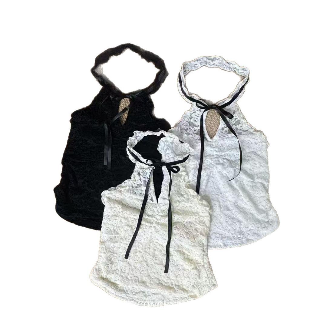 Sexy Lace-Panel Backless Halter Top with Bow Tie Slimming and Figure-Flattering Underwear Top
