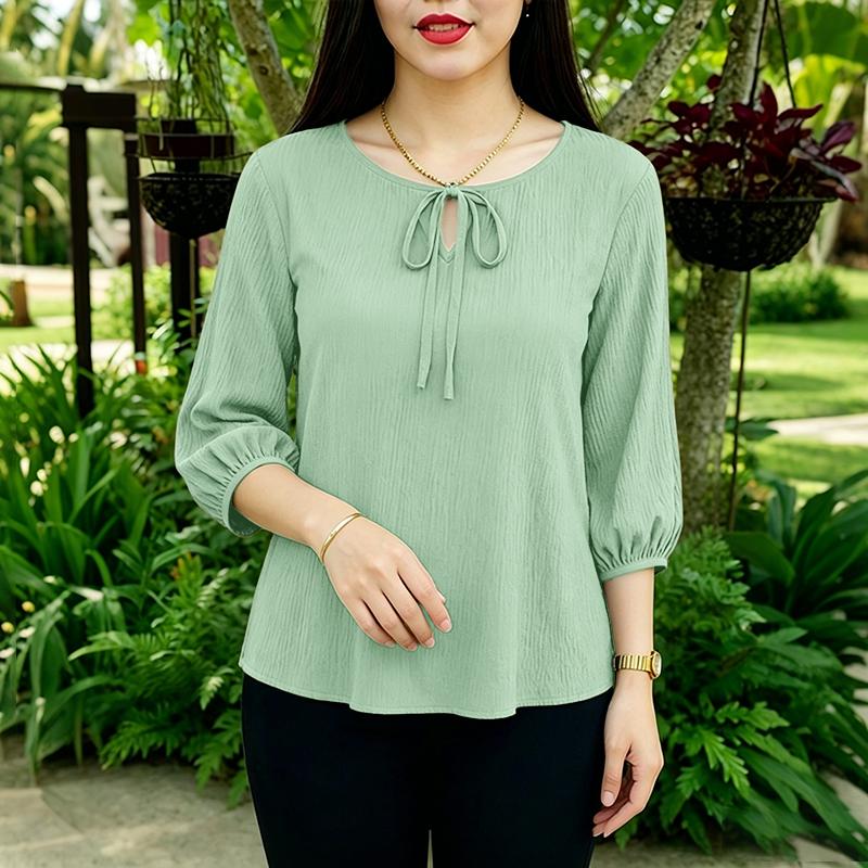 ZANZEA Blusa informal holgada de color liso con cuello redondo y mangas 3/4 para mujer