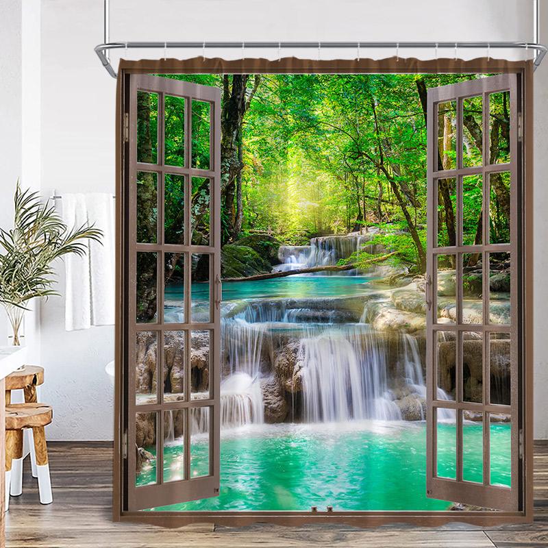 Nature Waterfall Landscape Shower Curtains Forest Lake Crane Lotus Flowers Chinese Style Scenery Home Bathroom Curtain Decor Set