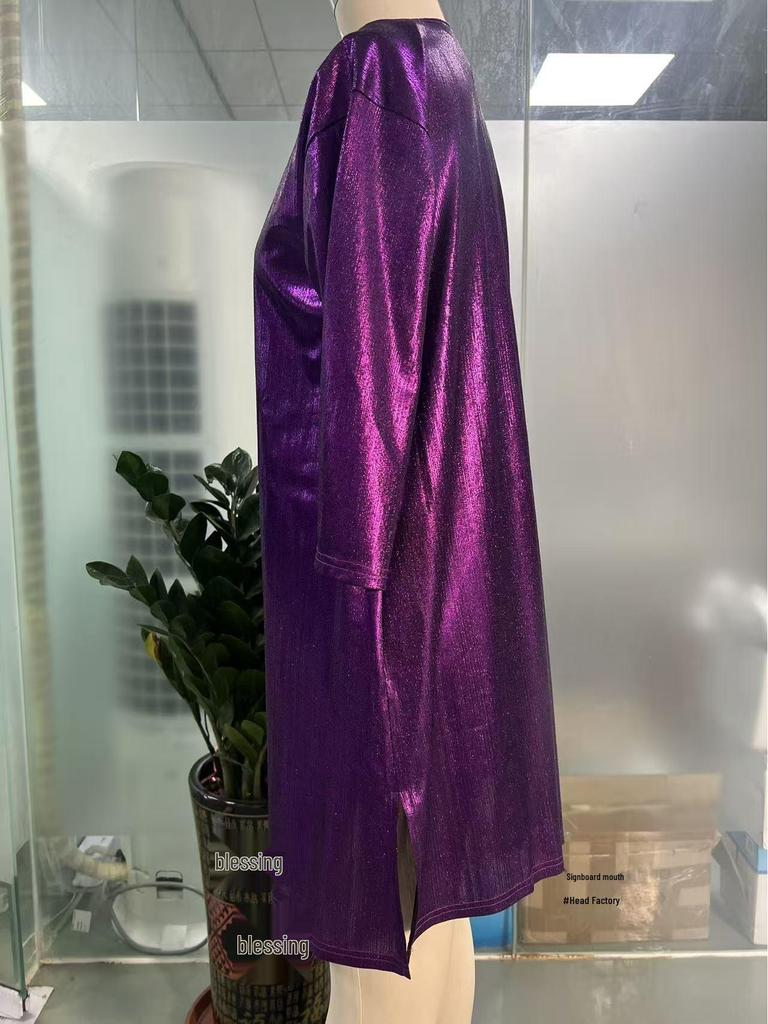 Vestido de Manga Nueve Puntos con Escote en V Holgado Estampado en Caliente con Dobladillo Dividido Transfronterizo 2025