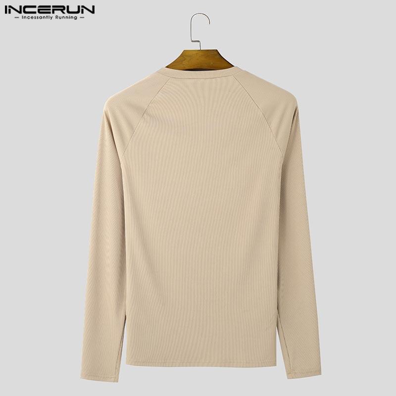 INCERUN Men V Neck Long Sleeve Rib Casual Skinny Tops T-shirts Undershirts