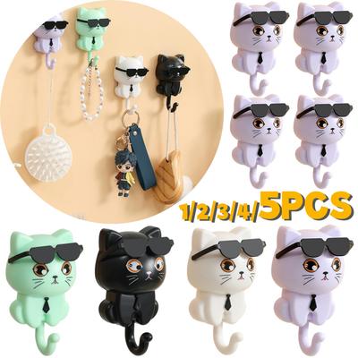 1-5PCS Creative Cartoon Cat Hook Adhesive Cute Cat Key Holder Coat Hooks for Coat Scarf Hat Towel Key Bag Wall Decoratives