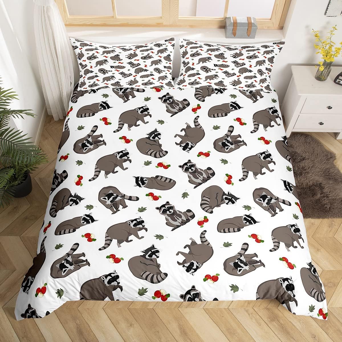 Jolie Housse de Couette Raccoons Ensemble de Literie Simple Gris Avec 1 Taie d'Oreiller Raccoon Dessin Animé Pommes Aimables Feuilles EU single(135x200cm) white