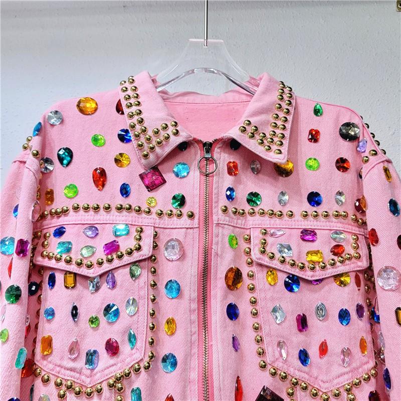 Thai Street Pink Denim Jacket Women Loose Fit Long Sleeve Heavy Rhinestone Detail Polo Collar