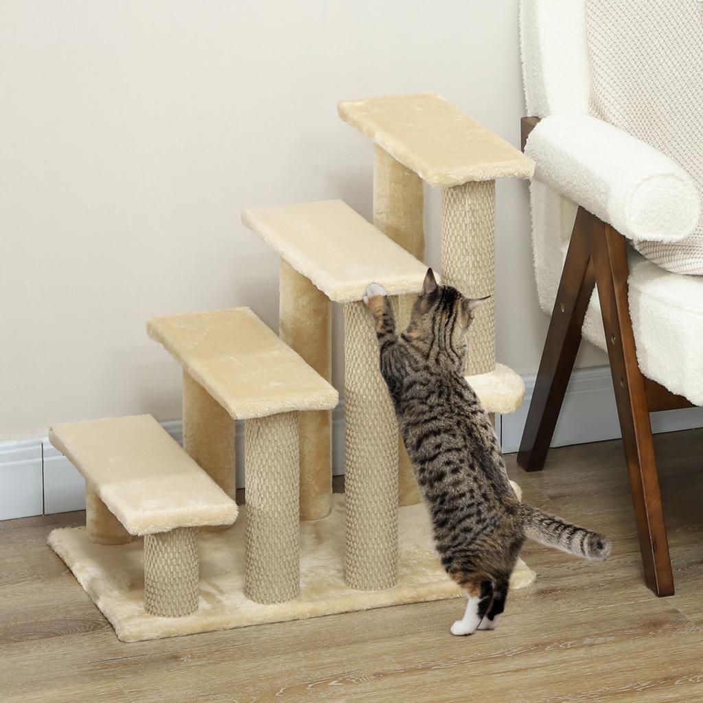 4-step Pet Stairs with Scratching Posts, Platforms, Toy Ball, Beige