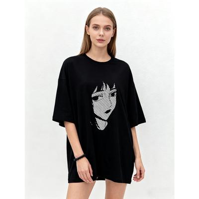 Oversized T Shirt Black Abstract Face Print Graphic Tee Casual Streetwear Fashion Top for Women