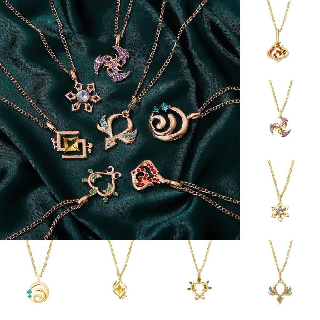 Genshin Impact Vision Element Diamond Pendant Necklace Alloy Chain Zircon Inlaid