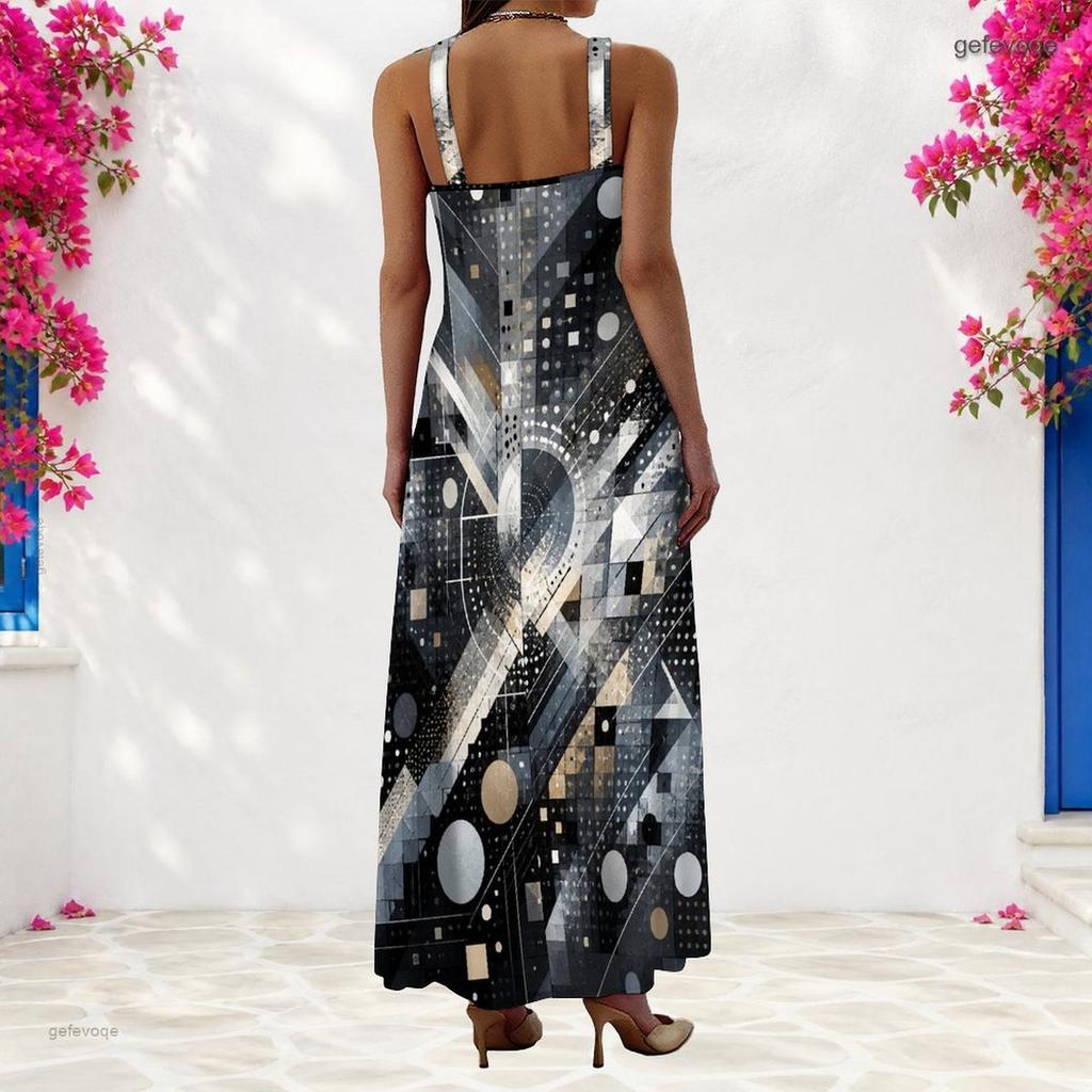 Women Plus Size Scoop Neck Strappy Sleeveless Gray Black Geometric Printed A Line Long Dress