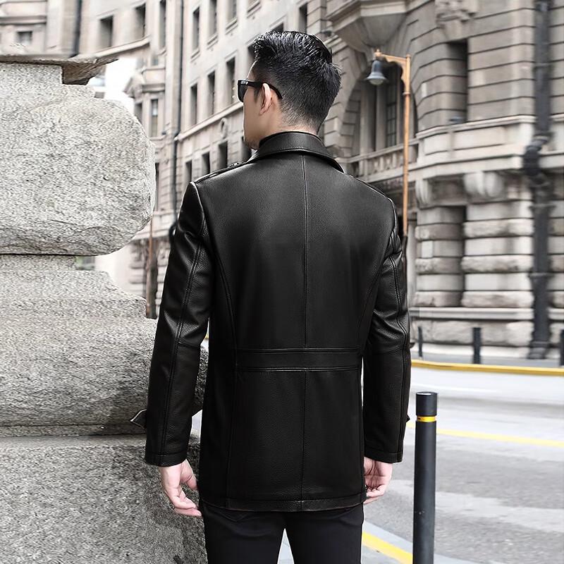 KAISER Men's Mid-Length Cowhide Leather Trench Coat