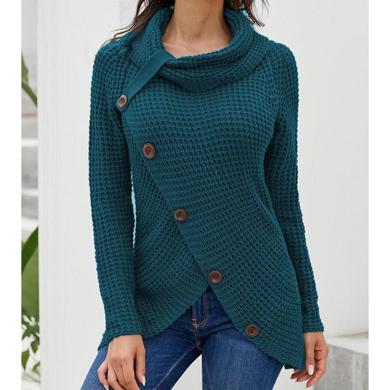 Autumn New Yellow Sweater Pullover Button High Lapel Solid Color Women's Long Sleeved Needle Casual Versatile