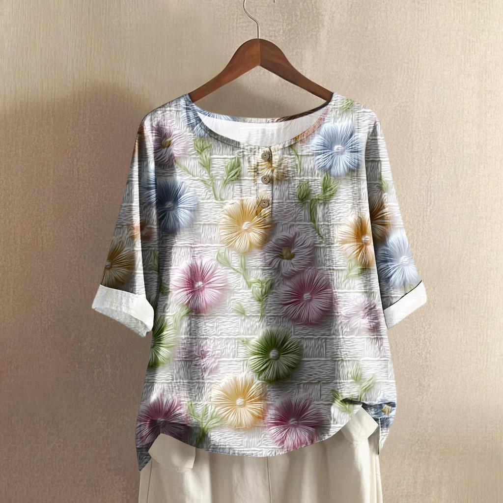 Women's Fashionable And Casual Shirt Half-sleeve Round Neck Print Cotton And Linen Blouse Top