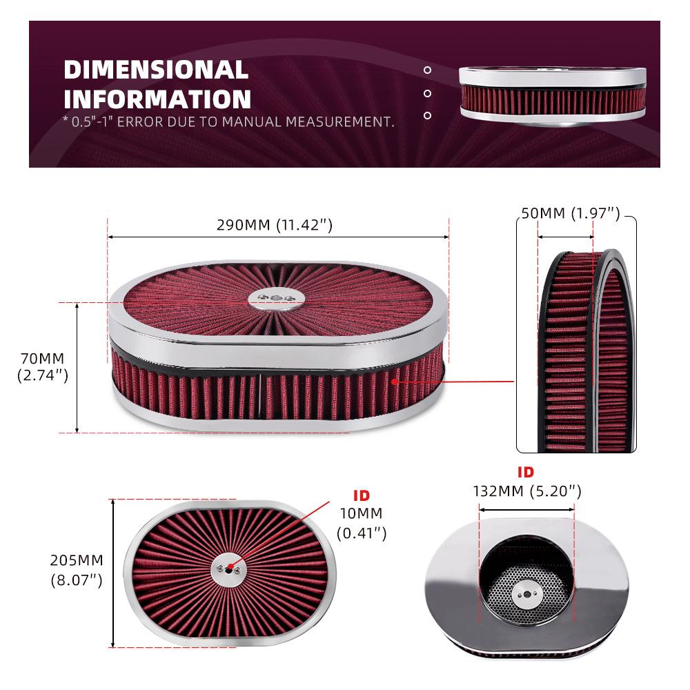 Hoher Durchfluss Chrom 12"x2" Ovaler Luftfilter-Gehäusebausatz 5-1/8" Vergaserhals mit Durchflussdeckel für GMC Chevy Ford Chrysler Dodge