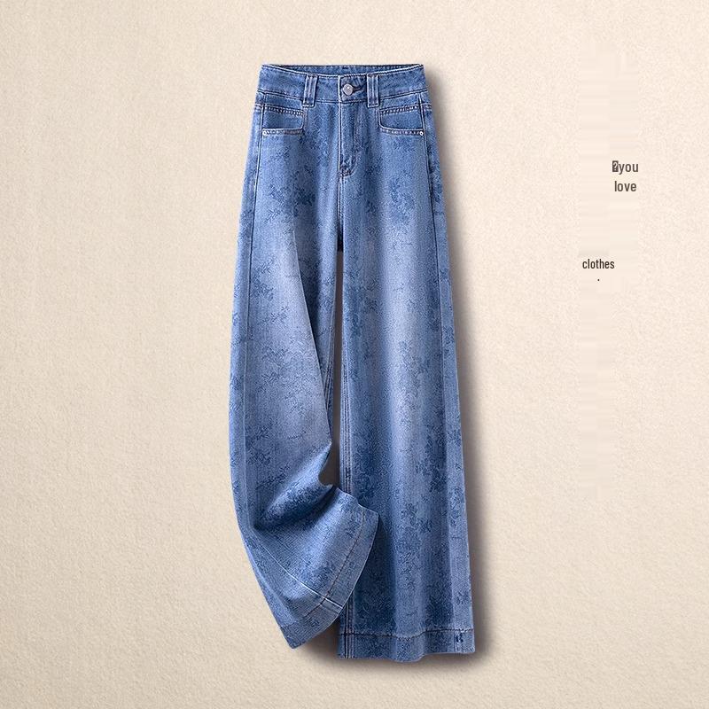 

Женские джинсы с высокой посадкой и широкими штанинами с легким принтом на весну/лето 2025 года - Повседневные, Модные, Универсальные 2XL (125-135 lbs) синий