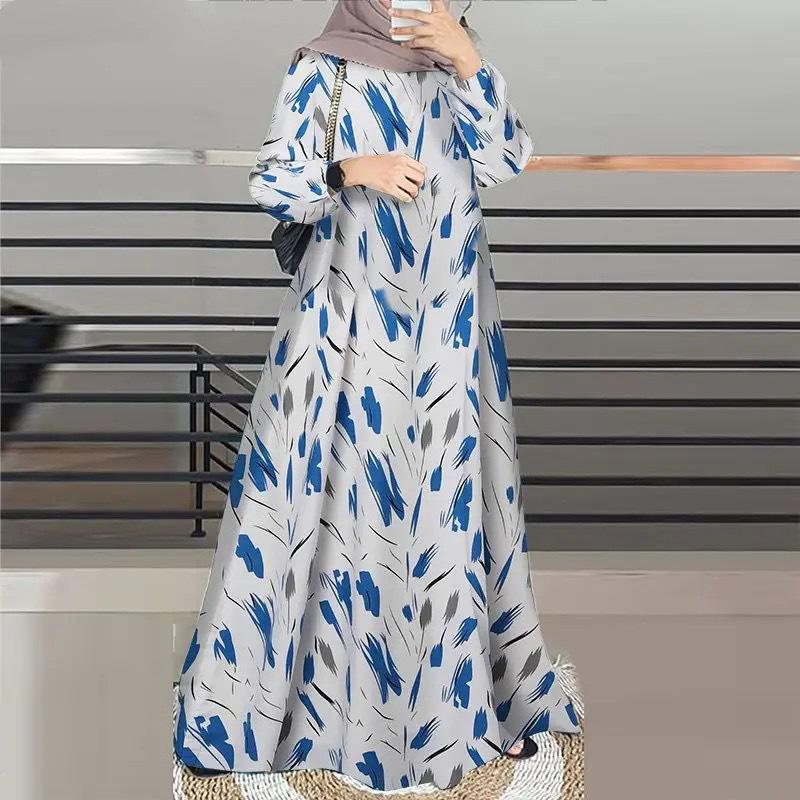 Spot Cross-Border New Printed Middle Eastern Muslim Malay Long Sleeve Round Neck Dress