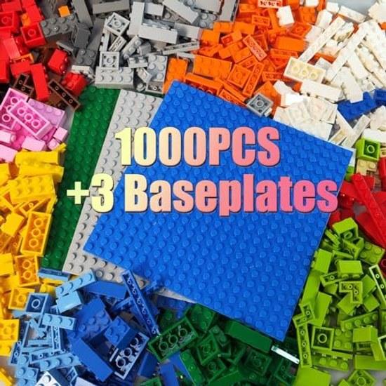 1000-piece classic block toy set compatible major brands includes three 20x20 base plates additional blocks expansion 10 colors 12 shapes suitable 6
