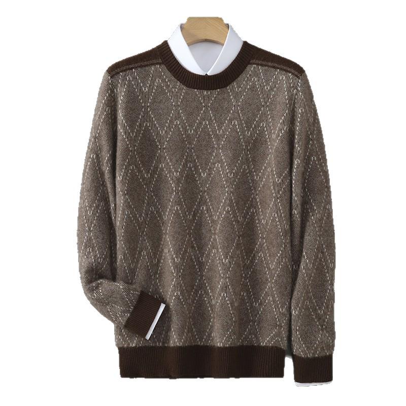 Men's Pure Wool Diamond Pattern Round Neck Loose Knit Sweater - Autumn/Winter Pullover