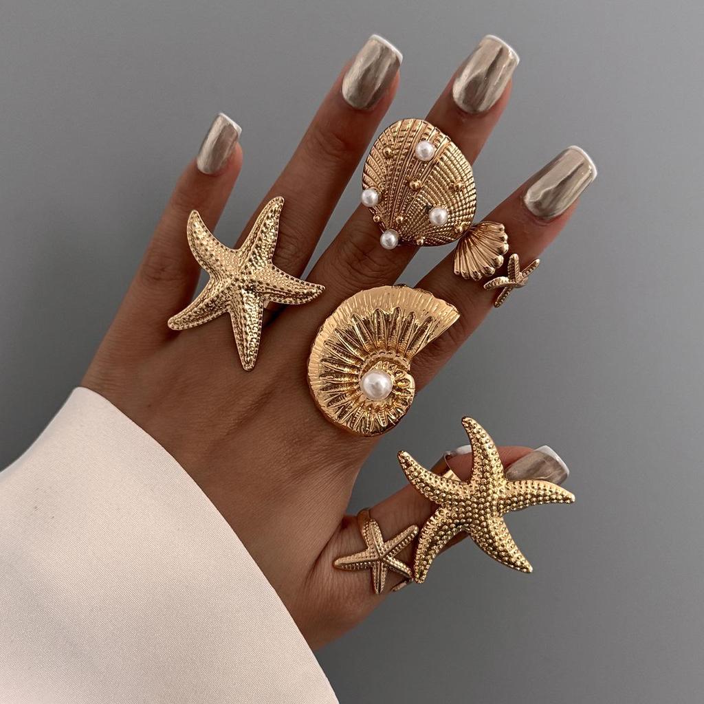 European & American Starfish Metal Rings: 6-Piece Holiday Set with Star and Scallop Designs for Women