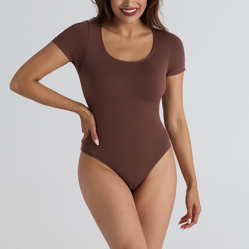 Seamless Ribbed Bodysuit: Women's Slim Fit Short Sleeve for Yoga and Fitness
